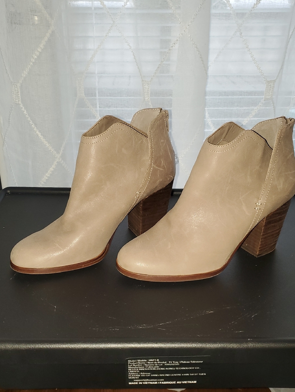 Gianni Bini Taupe Leather Ankle Booties  Stacked Heel